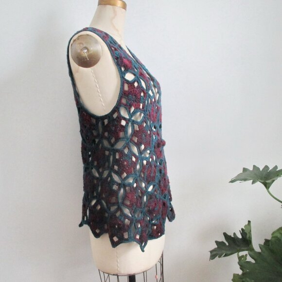 Vintage Crochet Vest Teal and Burgundy - Picture 2 of 6